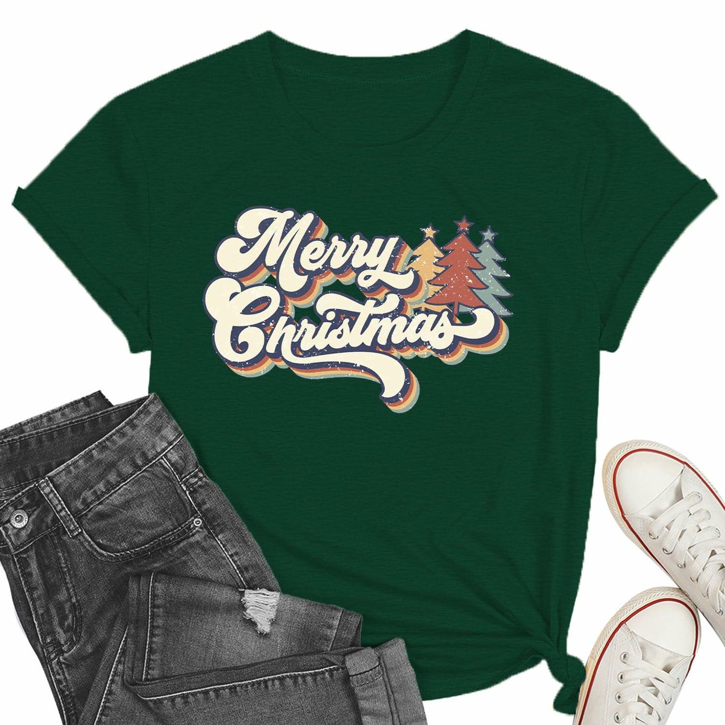 Merry Christmas Family Tee Shirt Women Vintage Xmas Top Green Size L