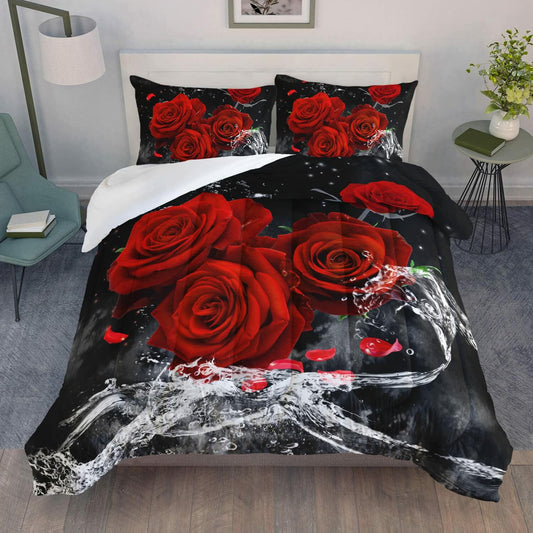 AILONEN 3D Oil Painting Red Rose Comforter Set Twin Size 3 Pieces