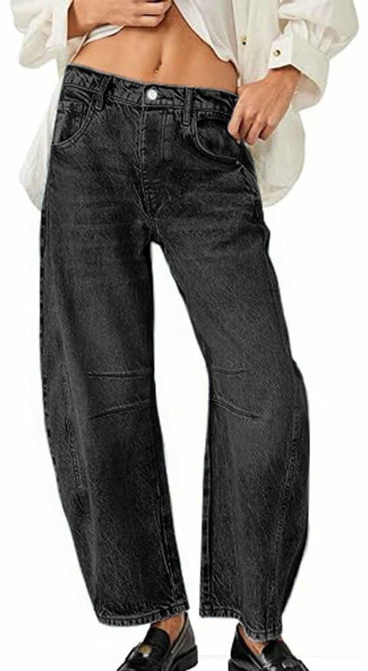 HUNGSON Women's Barrel Wide Leg Mid Rise Baggy Jeans Denim Ankle Pants Size 2