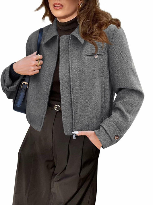 Cicy Bell Womens Cropped Tweed Blazer Zip Up Jacket Beige XL
