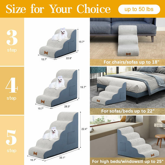 POCBLUE Dog Stairs 3-Step Wide Pet Ramp for Small Dogs Grey 15.7" H