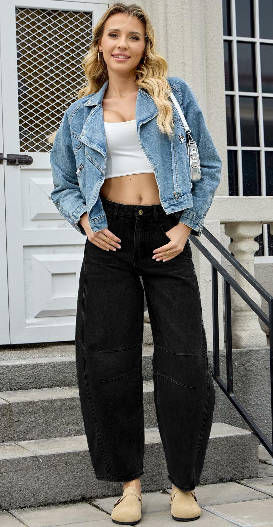 HUNGSON Women's Barrel Wide Leg Mid Rise Baggy Jeans Denim Ankle Pants Size 2