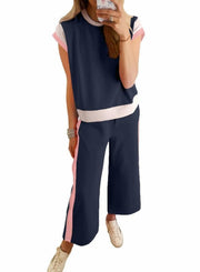 SHEWIN 2PC Women's Lounge Set Short Sleeve Top Wide Leg Pants Navy Blue Size S