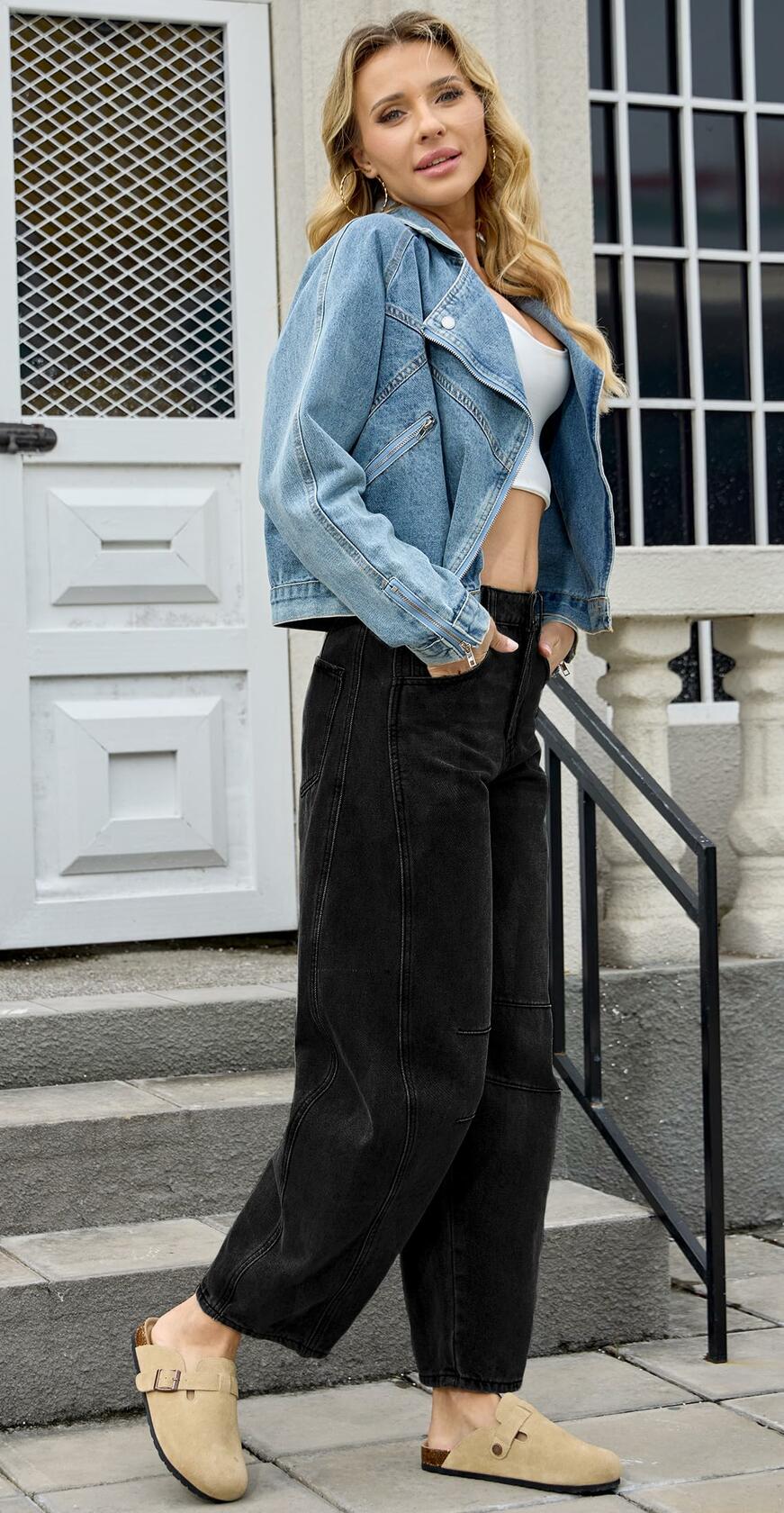 HUNGSON Women's Barrel Wide Leg Mid Rise Baggy Jeans Denim Ankle Pants Size 2