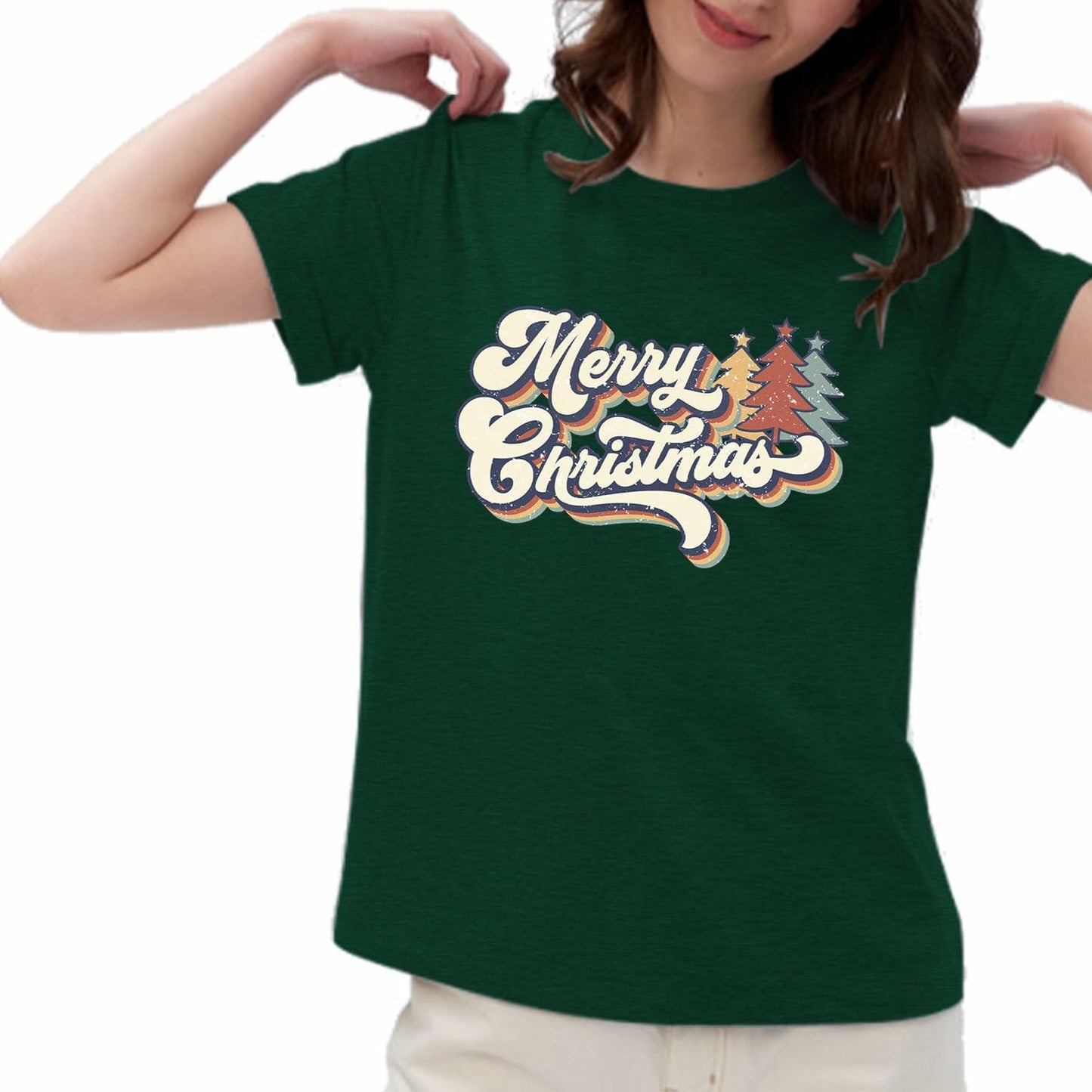 Merry Christmas Family Tee Shirt Women Vintage Xmas Top Green Size L