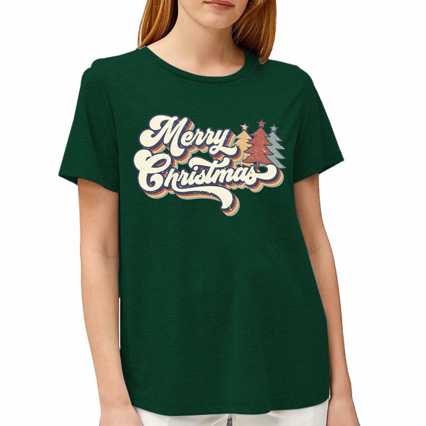 Merry Christmas Family Tee Shirt Women Vintage Xmas Top Green Size L