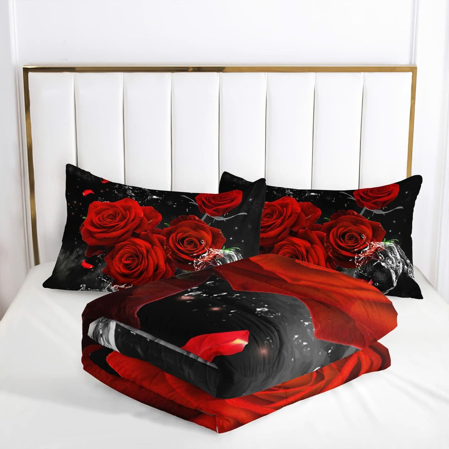AILONEN 3D Oil Painting Red Rose Comforter Set Twin Size 3 Pieces