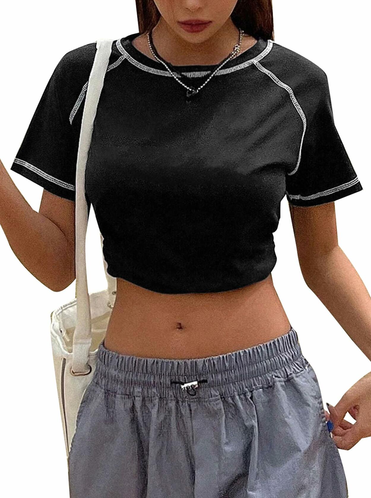 Remidoo Women's Raglan Crewneck Color Block T-Shirt Black Size XL