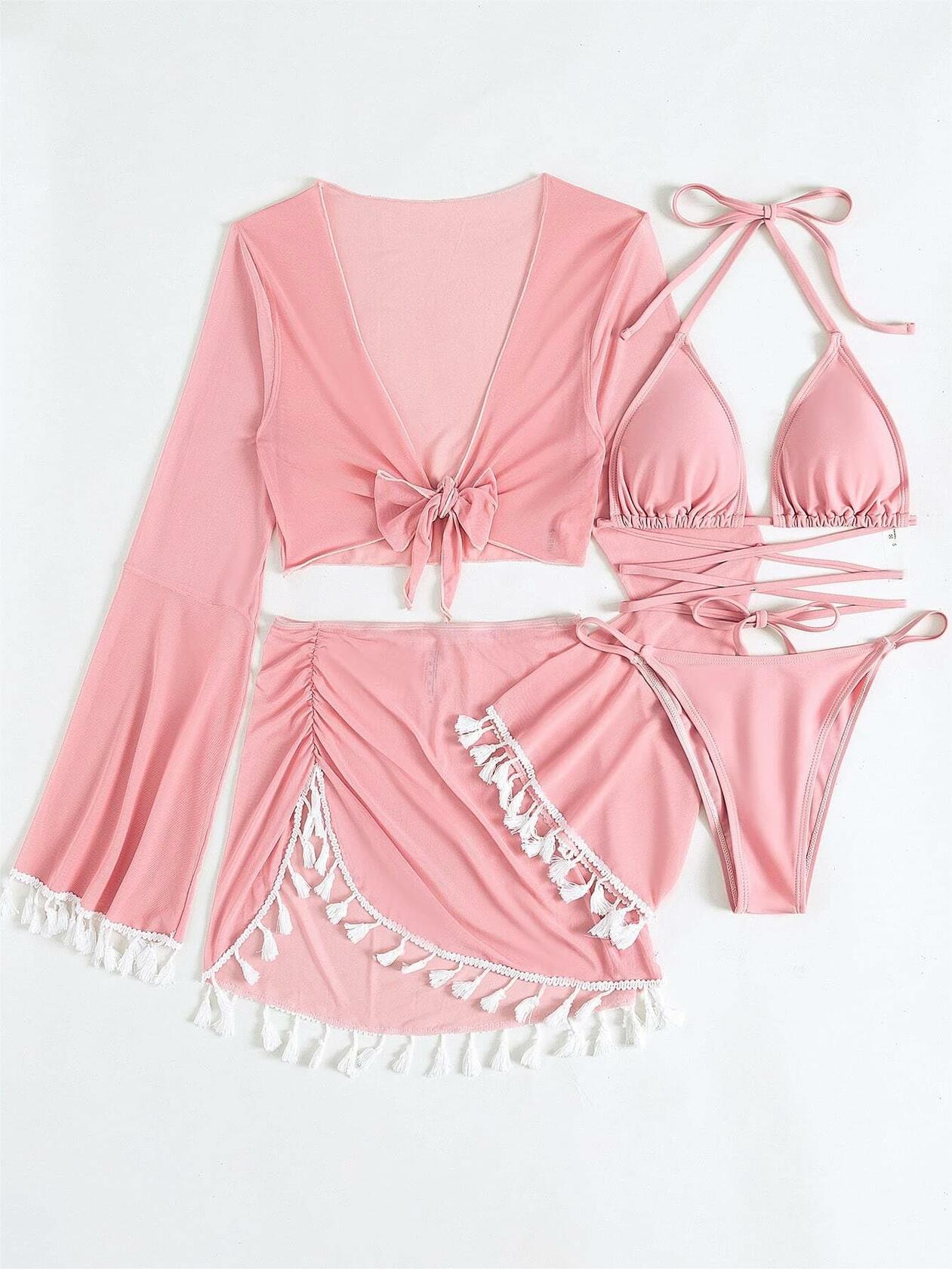 SKAYS 4 Piece Bikini Set Women Halter Top High Waisted Pink Size M