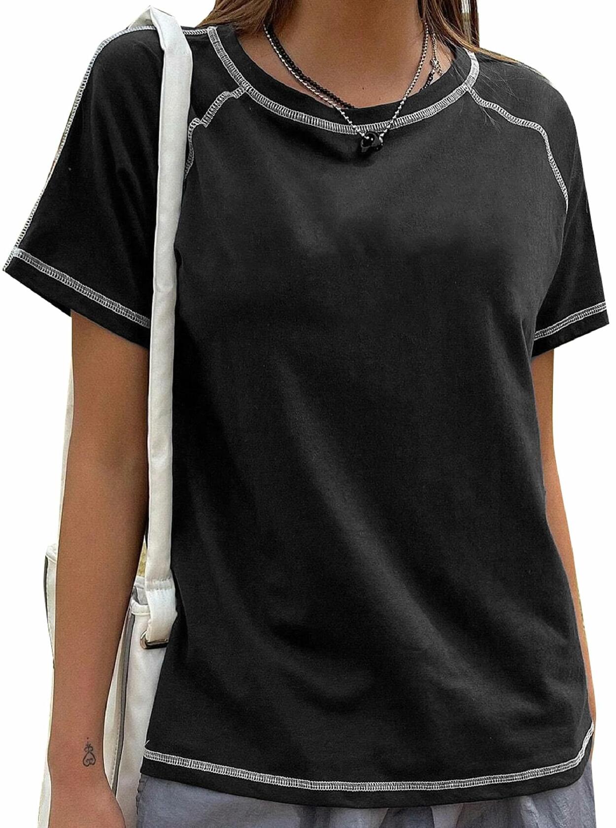 Remidoo Women's Raglan Crewneck Color Block T-Shirt Black Size XL
