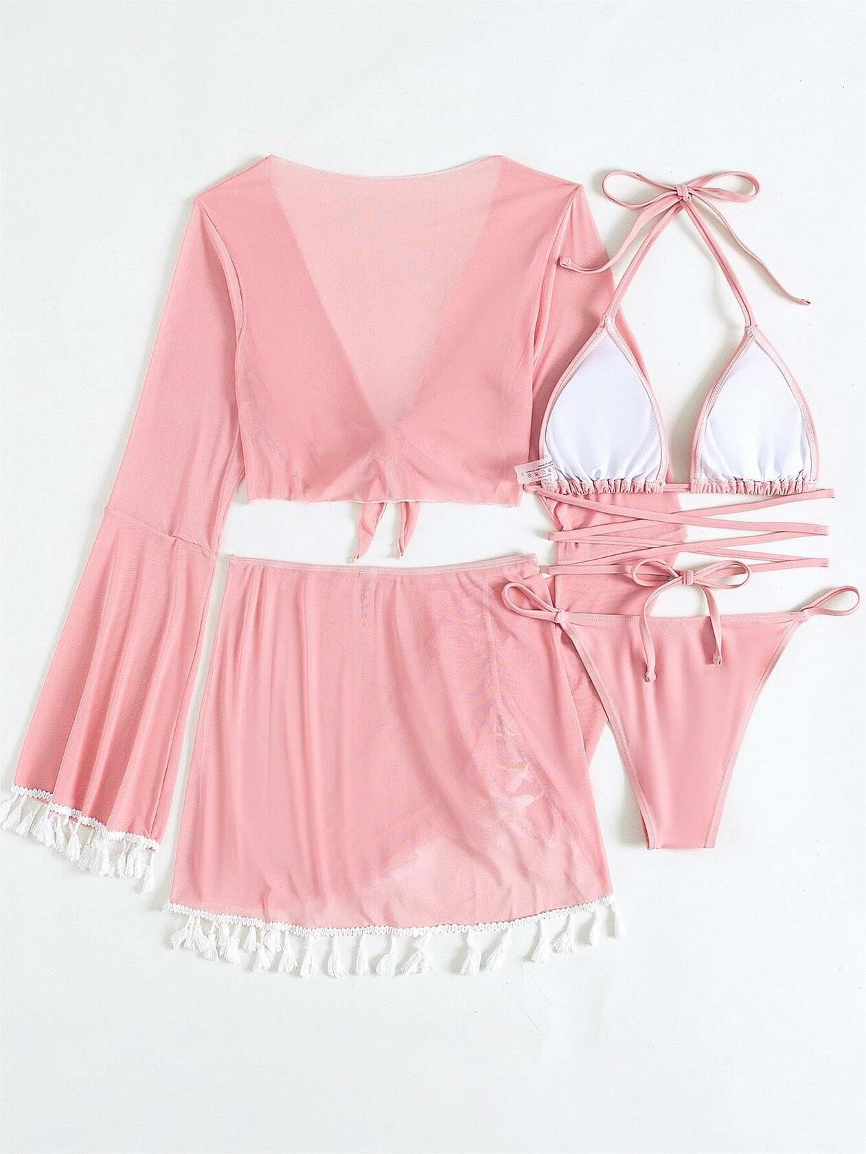 SKAYS 4 Piece Bikini Set Women Halter Top High Waisted Pink Size M