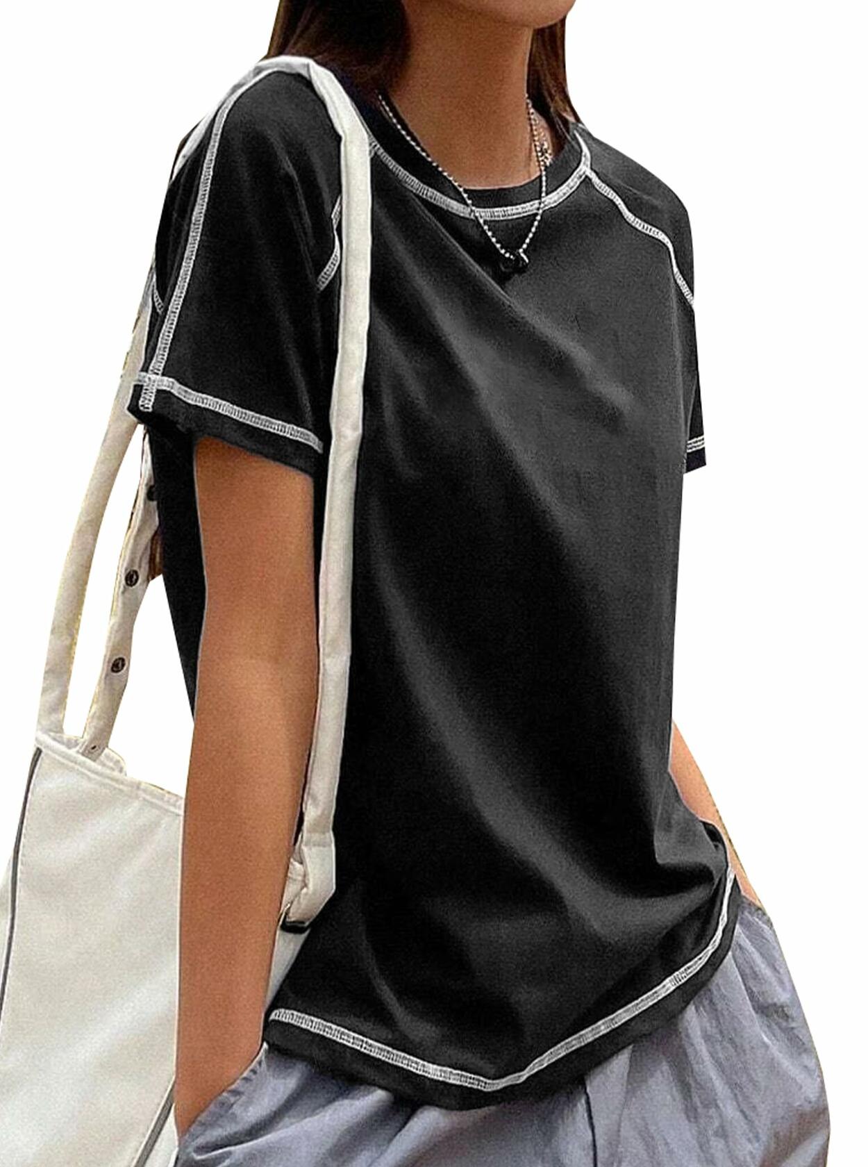 Remidoo Women's Raglan Crewneck Color Block T-Shirt Black Size XL