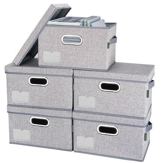 BALEINE Foldable Linen Storage Bins with Lids Large Gray 5 Pack