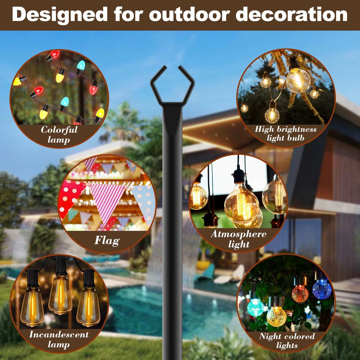 10Ft String Light Poles 4 Pack Outdoor Metal Stand with Fence Brackets