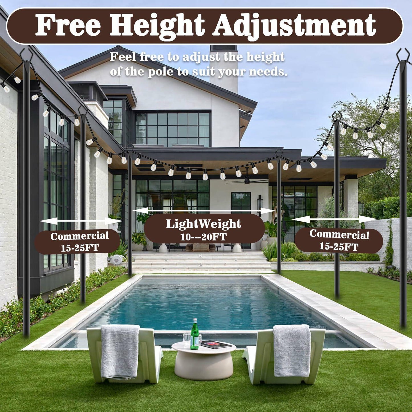 10Ft String Light Poles 4 Pack Outdoor Metal Stand with Fence Brackets