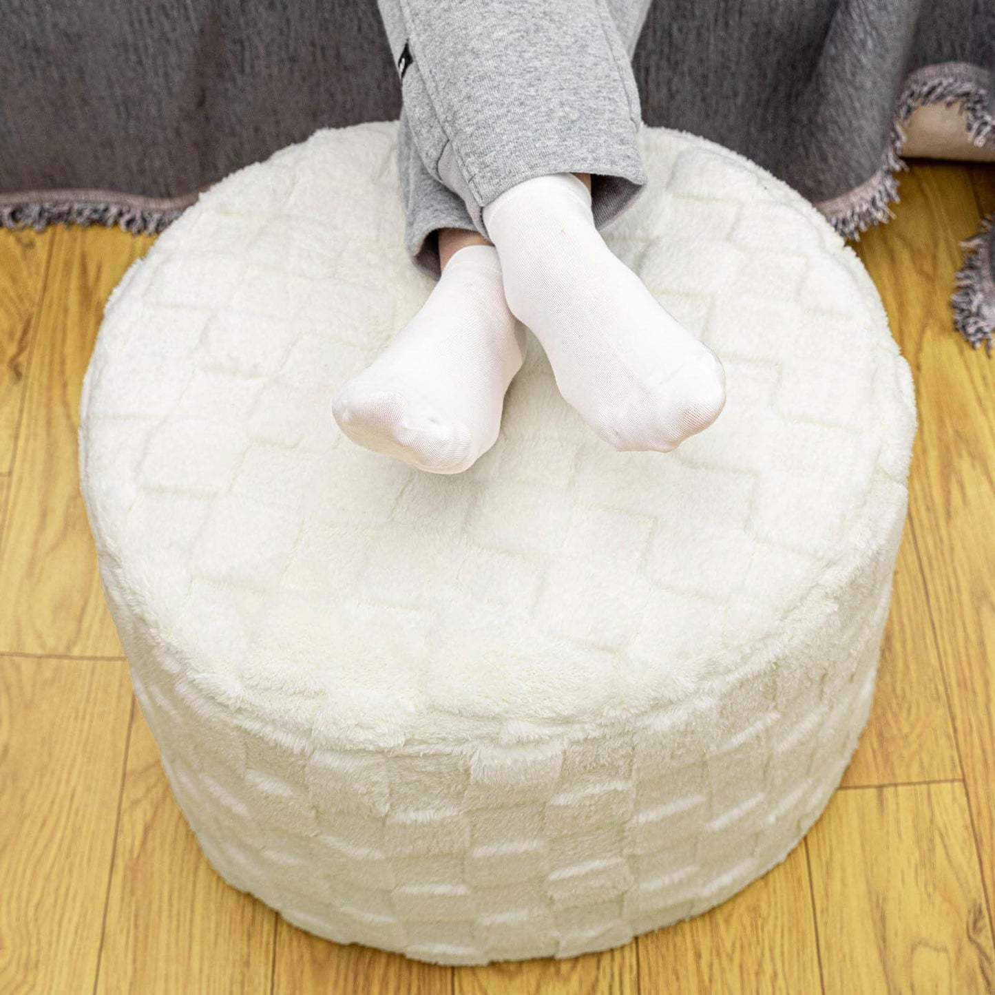 Round Pouf Ottoman Boho Floor Pouffe Foot Rest 20x20x14 Inches Ivory Checkered