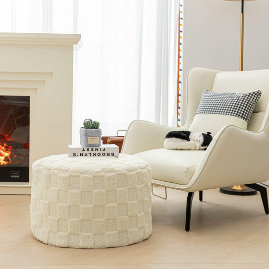 Round Pouf Ottoman Boho Floor Pouffe Foot Rest 20x20x14 Inches Ivory Checkered