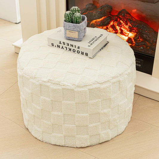 Round Pouf Ottoman Boho Floor Pouffe Foot Rest 20x20x14 Inches Ivory Checkered