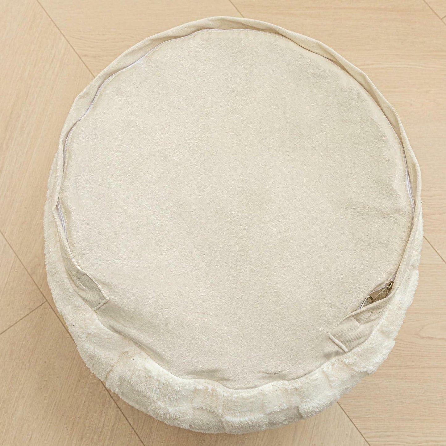 Round Pouf Ottoman Boho Floor Pouffe Foot Rest 20x20x14 Inches Ivory Checkered