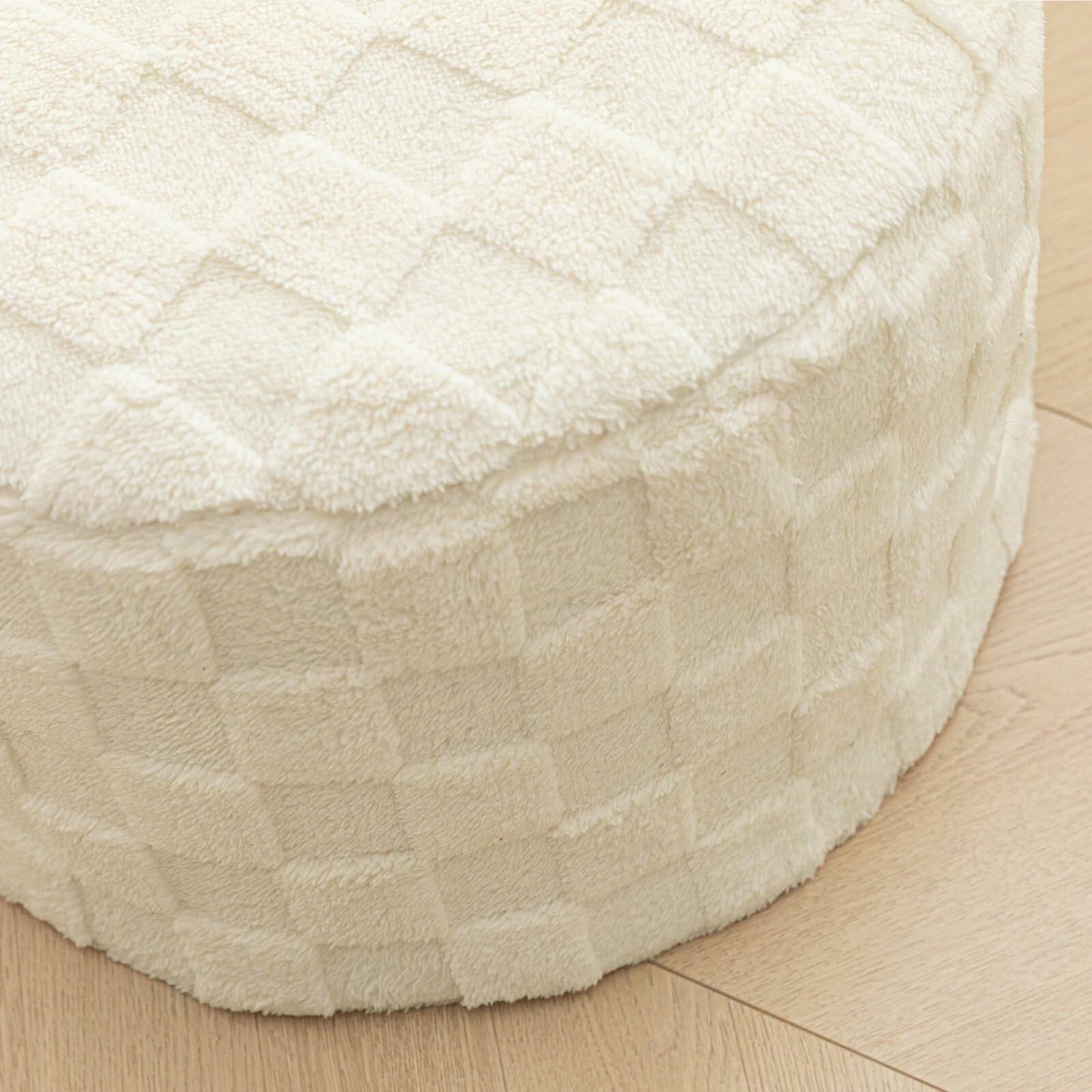 Round Pouf Ottoman Boho Floor Pouffe Foot Rest 20x20x14 Inches Ivory Checkered