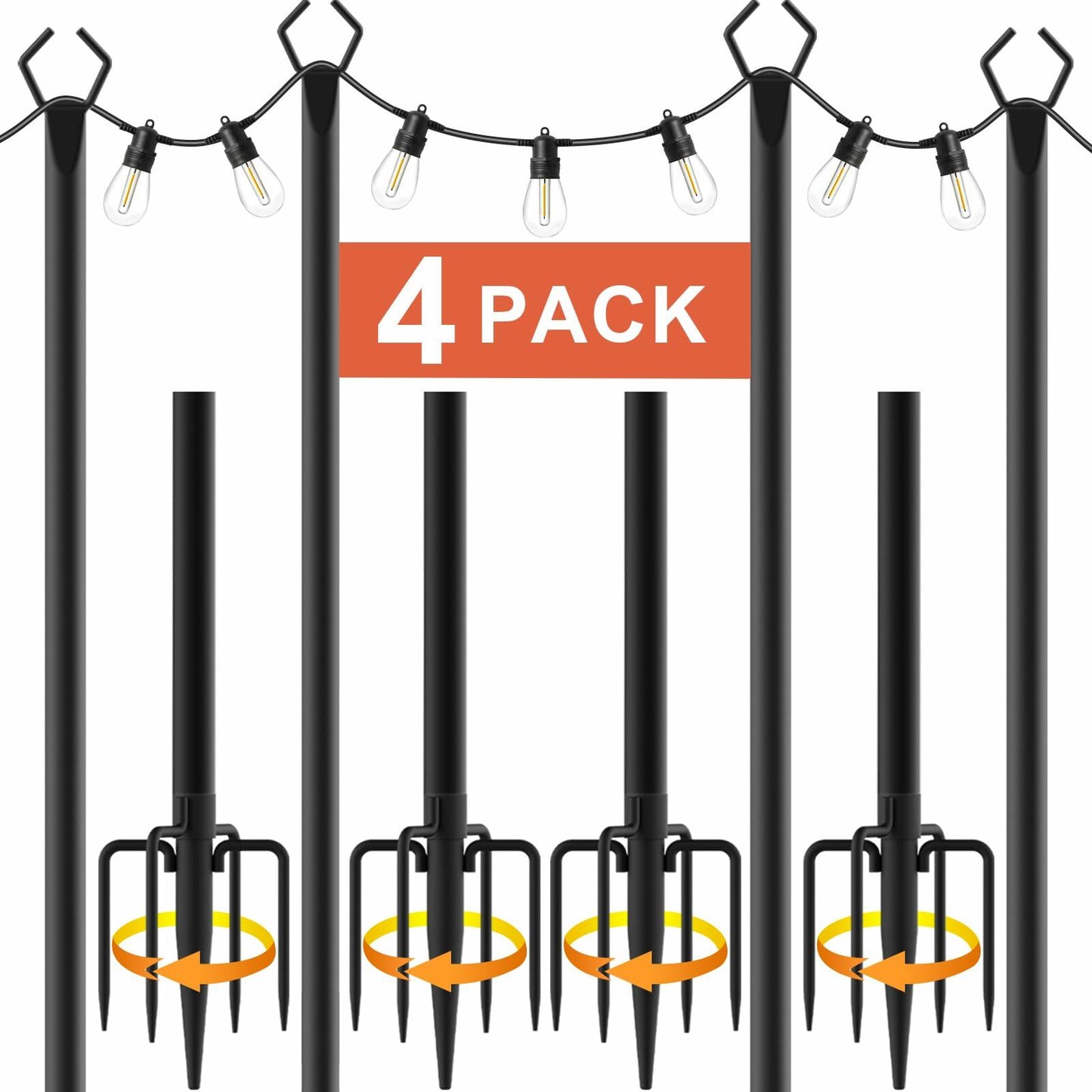 10Ft String Light Poles 4 Pack Outdoor Metal Stand with Fence Brackets