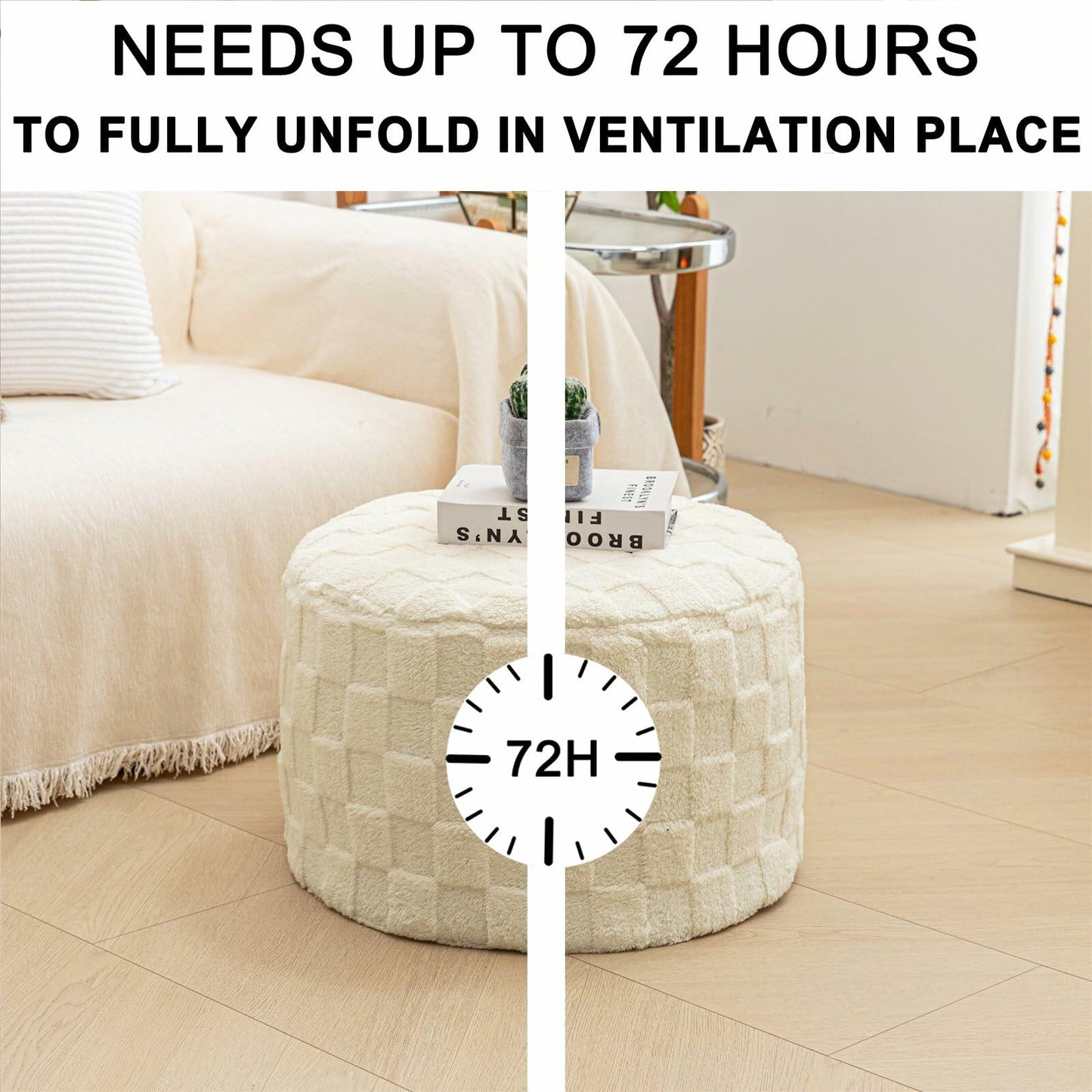 Round Pouf Ottoman Boho Floor Pouffe Foot Rest 20x20x14 Inches Ivory Checkered