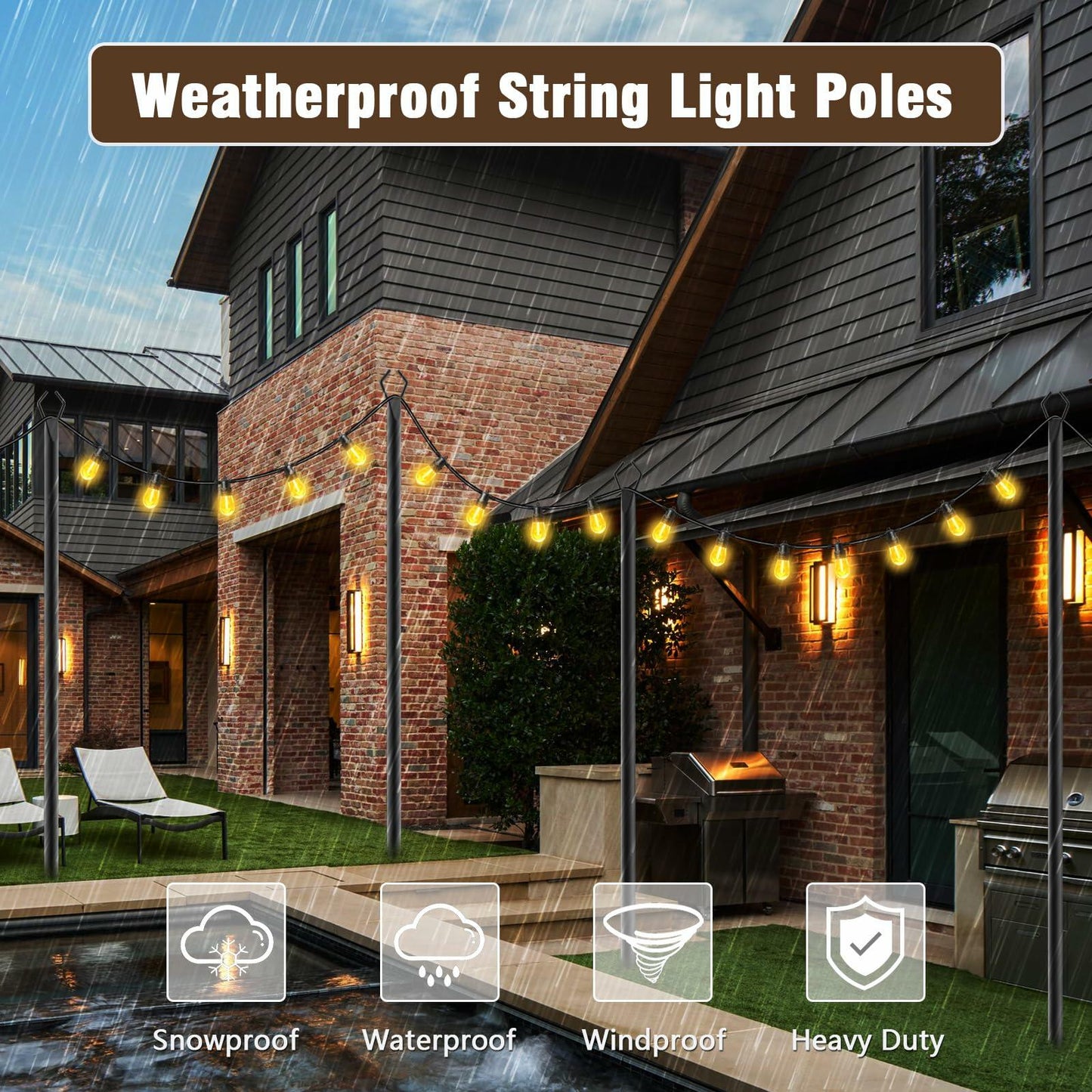 10Ft String Light Poles 4 Pack Outdoor Metal Stand with Fence Brackets