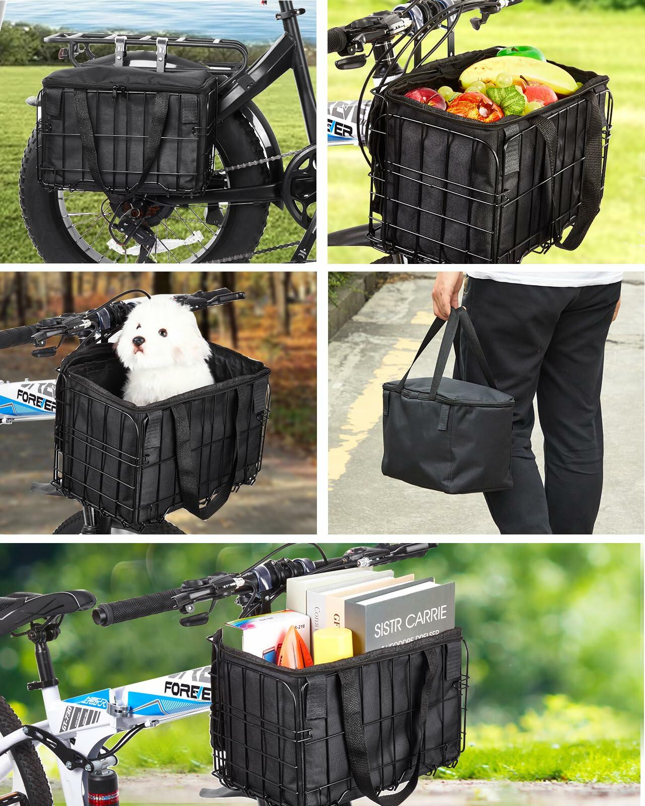 Bike Basket Front Folding Metal Quick Release Large Removable Liner Bag