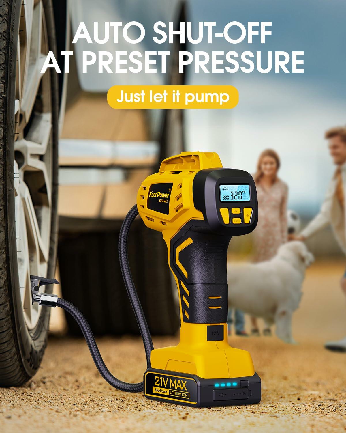 KeenPower Tire Inflator Portable Air Compressor 21V 160PSI Dual Power