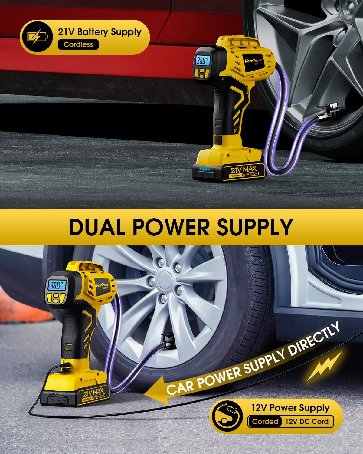 KeenPower Tire Inflator Portable Air Compressor 21V 160PSI Dual Power