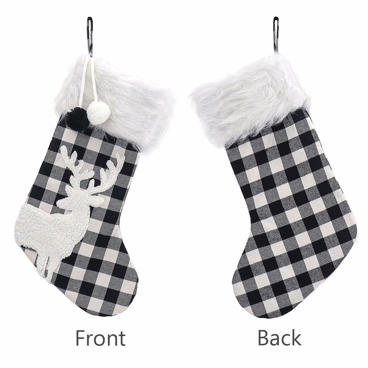 USILAND Christmas Stocking 20in Buffalo Check Pom Pom Faux Fur Black White