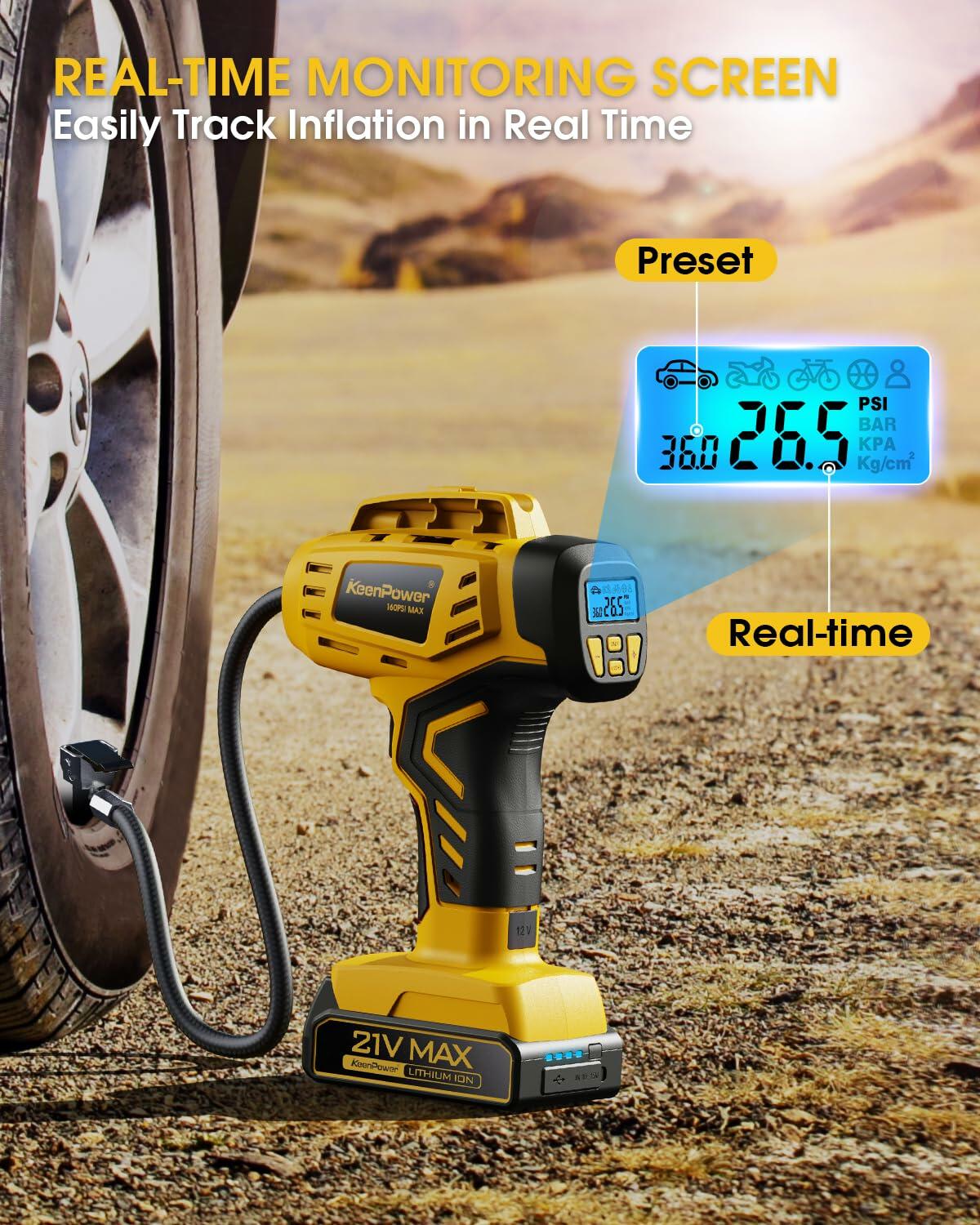 KeenPower Tire Inflator Portable Air Compressor 21V 160PSI Dual Power