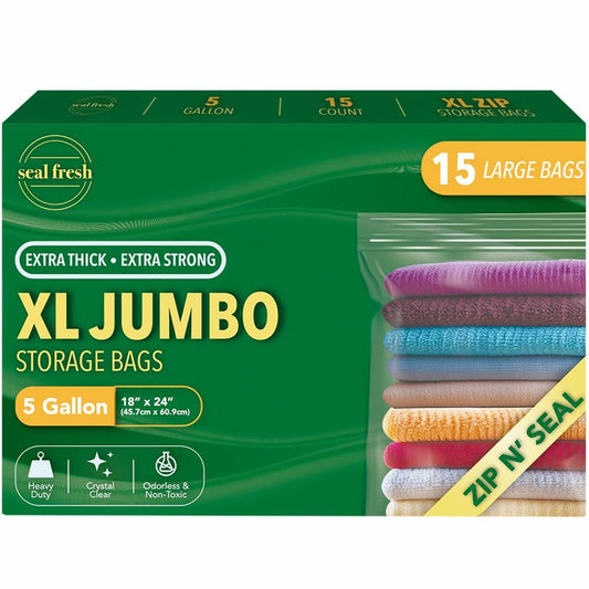 Seal Fresh 5 Gallon Plastic Storage Bags 18x24 Clear XXL 15 Count