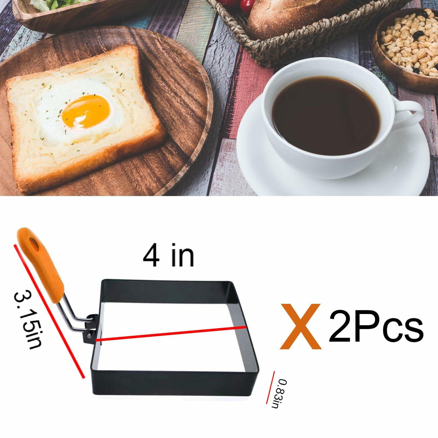 2 Pcs 4 Inch Square Stainless Steel Egg Rings Non-stick Silicone Handle