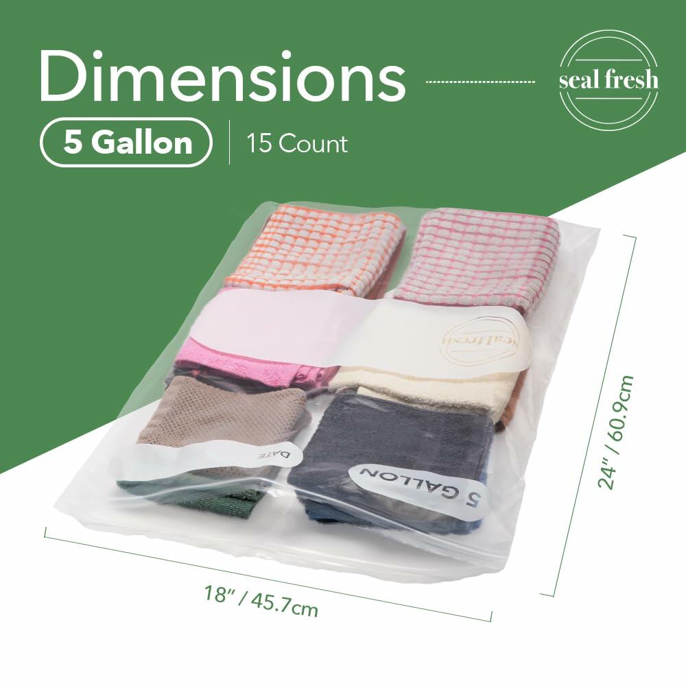 Seal Fresh 5 Gallon Plastic Storage Bags 18x24 Clear XXL 15 Count