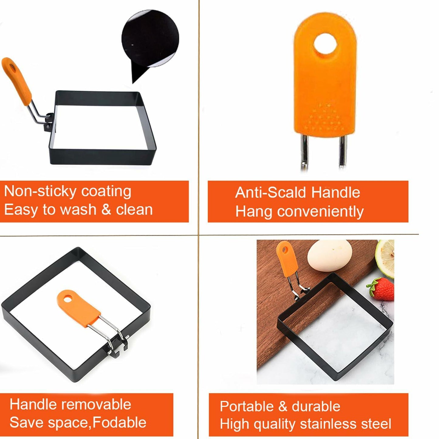 2 Pcs 4 Inch Square Stainless Steel Egg Rings Non-stick Silicone Handle