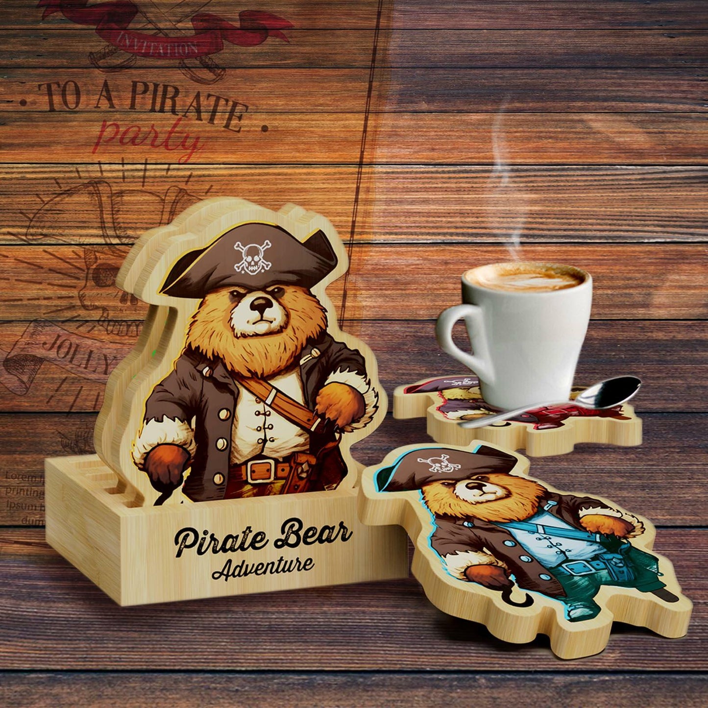 Pirate Bamboo Coasters Set with Holder Rustic Home Decor 6pcs