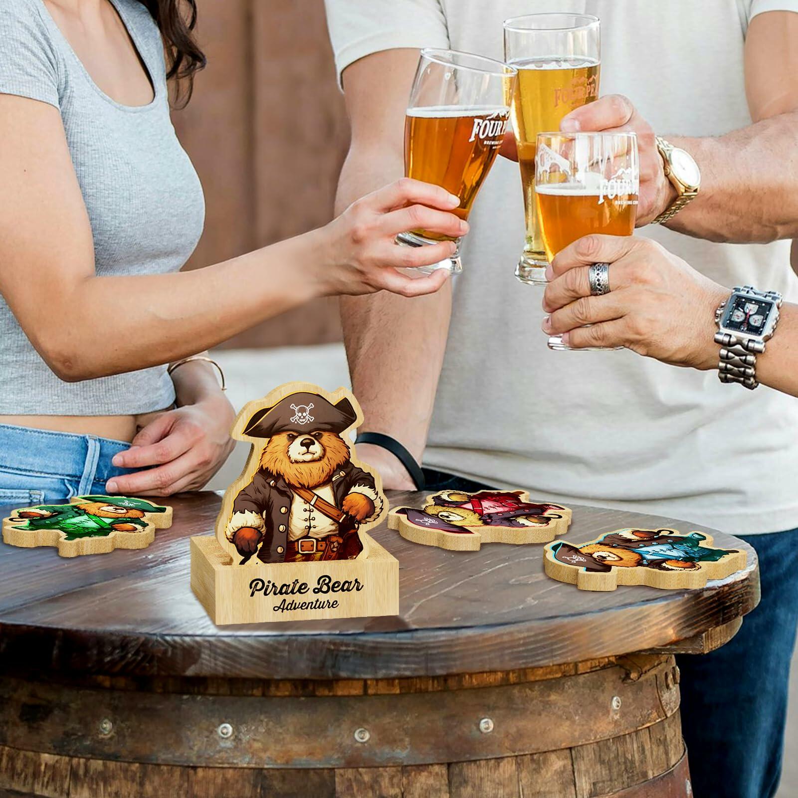 Pirate Bamboo Coasters Set with Holder Rustic Home Decor 6pcs