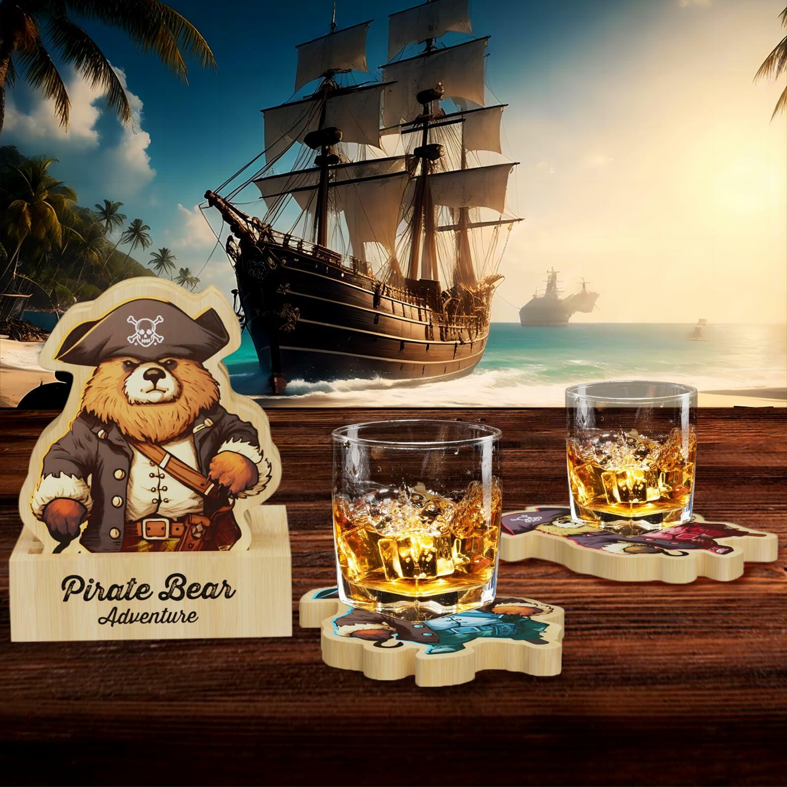 Pirate Bamboo Coasters Set with Holder Rustic Home Decor 6pcs