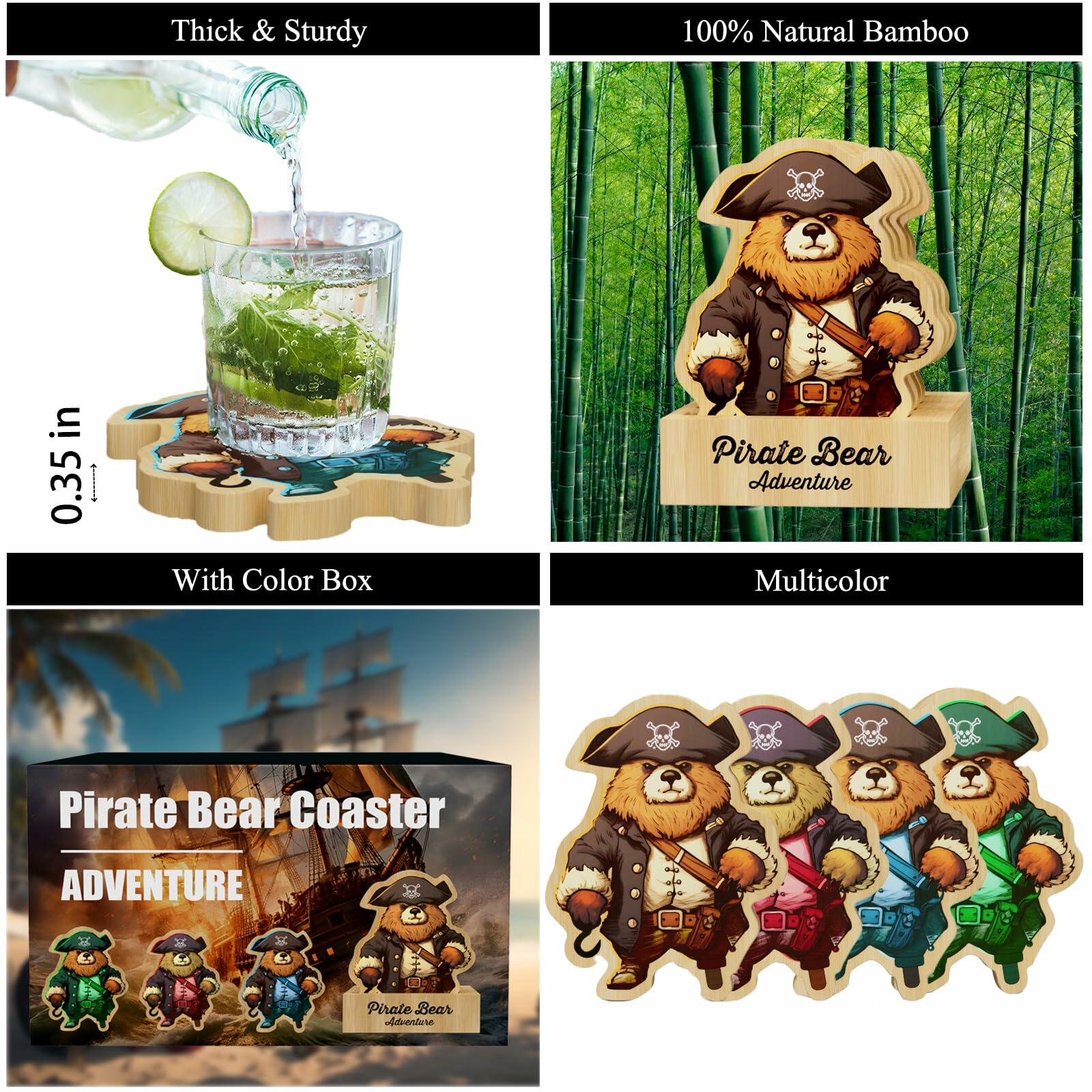 Pirate Bamboo Coasters Set with Holder Rustic Home Decor 6pcs