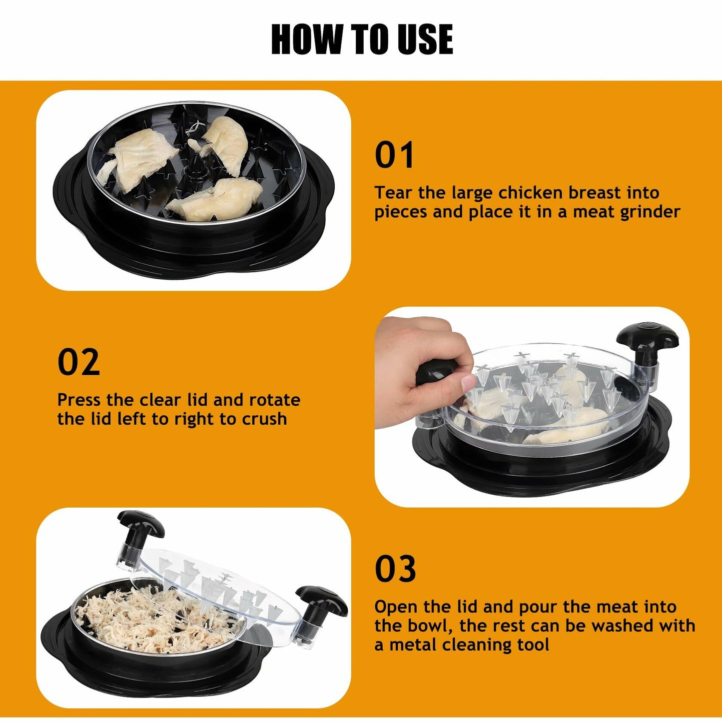 Chicken Shredder Tool Large with Tray Brush Non-Slip Handle Black BPA Free