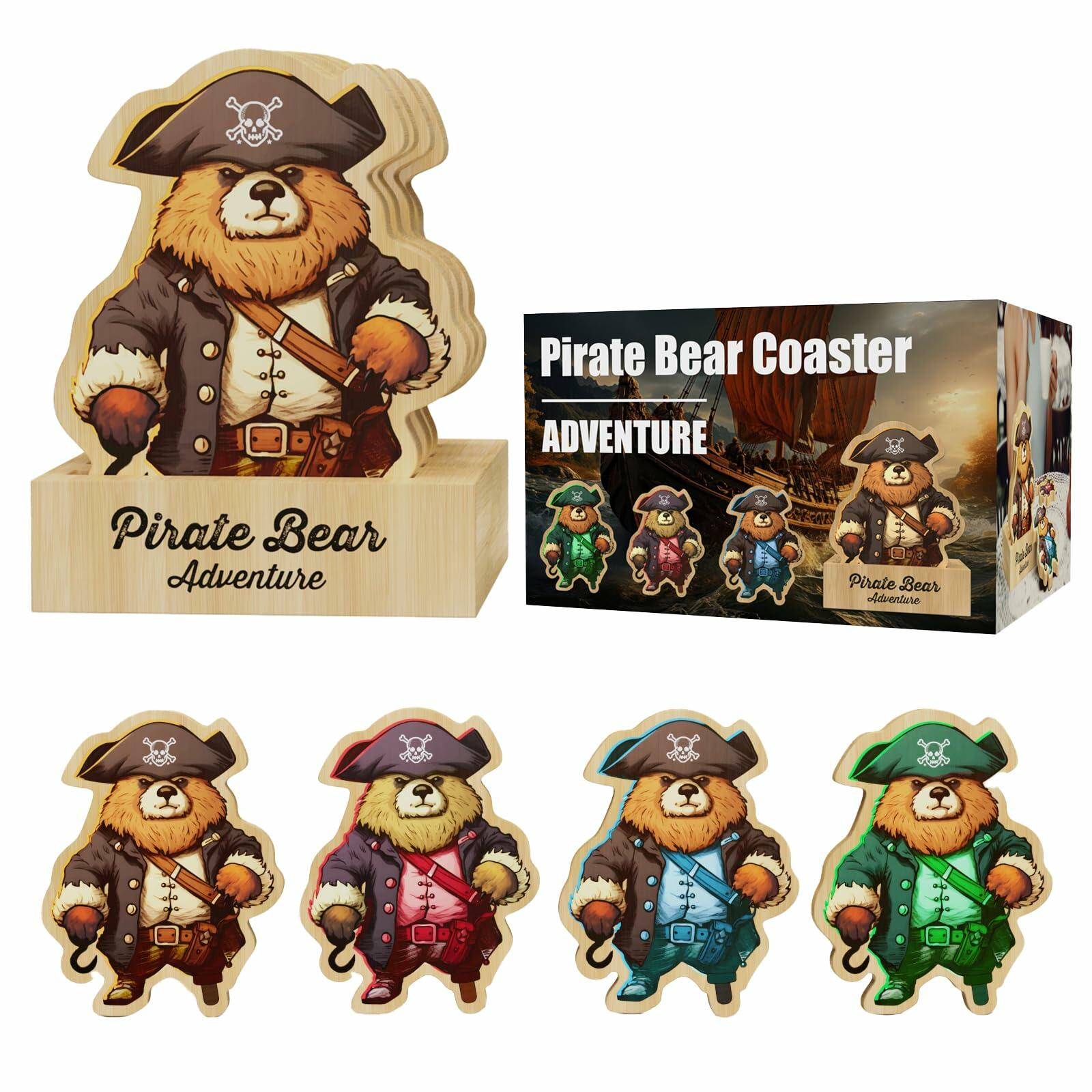 Pirate Bamboo Coasters Set with Holder Rustic Home Decor 6pcs