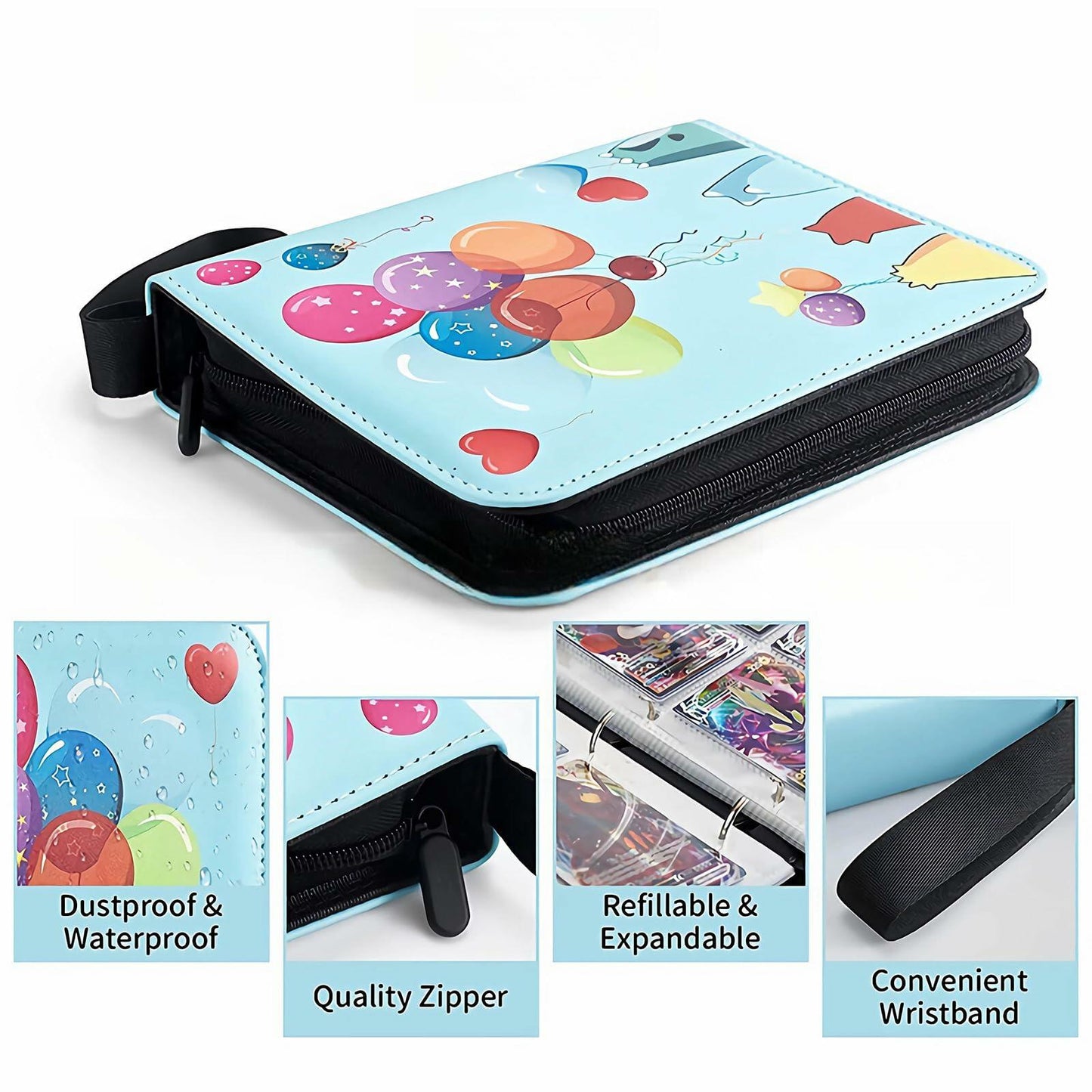 Pokemon Card Binder 400 Capacity 4-Pocket PU Leather Zip Album Balloon Cover