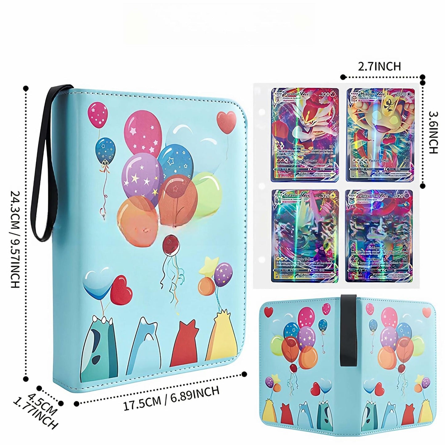 Pokemon Card Binder 400 Capacity 4-Pocket PU Leather Zip Album Balloon Cover