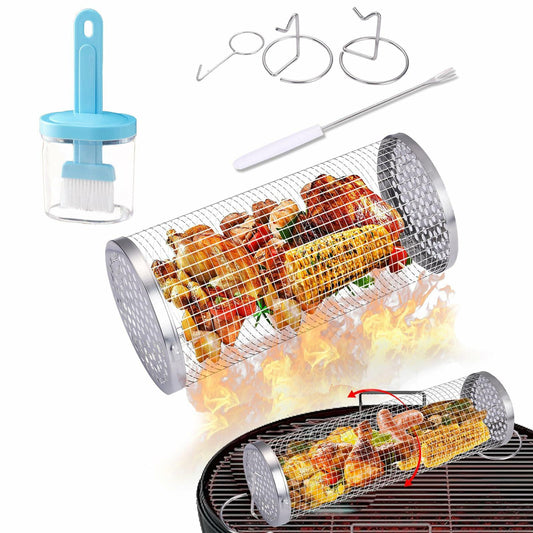Grill Basket Outdoor Stainless Steel Rotating Bracket Small Size 1 Pack