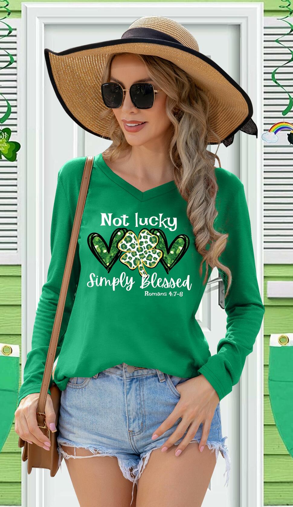 St Patricks Day Womens Long Sleeve V Neck Shirt Green Size XXL
