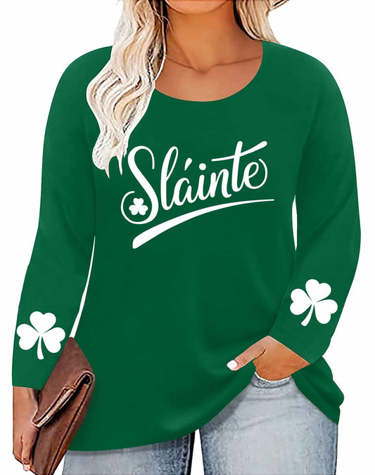 QAUN Plus Size St Patricks Day Shamrock Graphic Long Sleeve Shirt Green XL