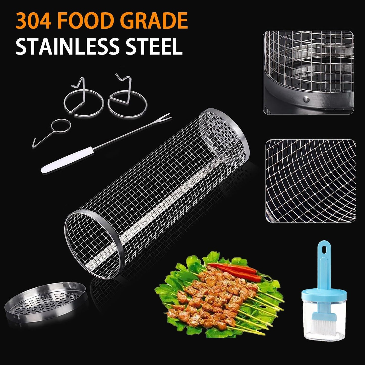 Grill Basket Outdoor Stainless Steel Rotating Bracket Small Size 1 Pack