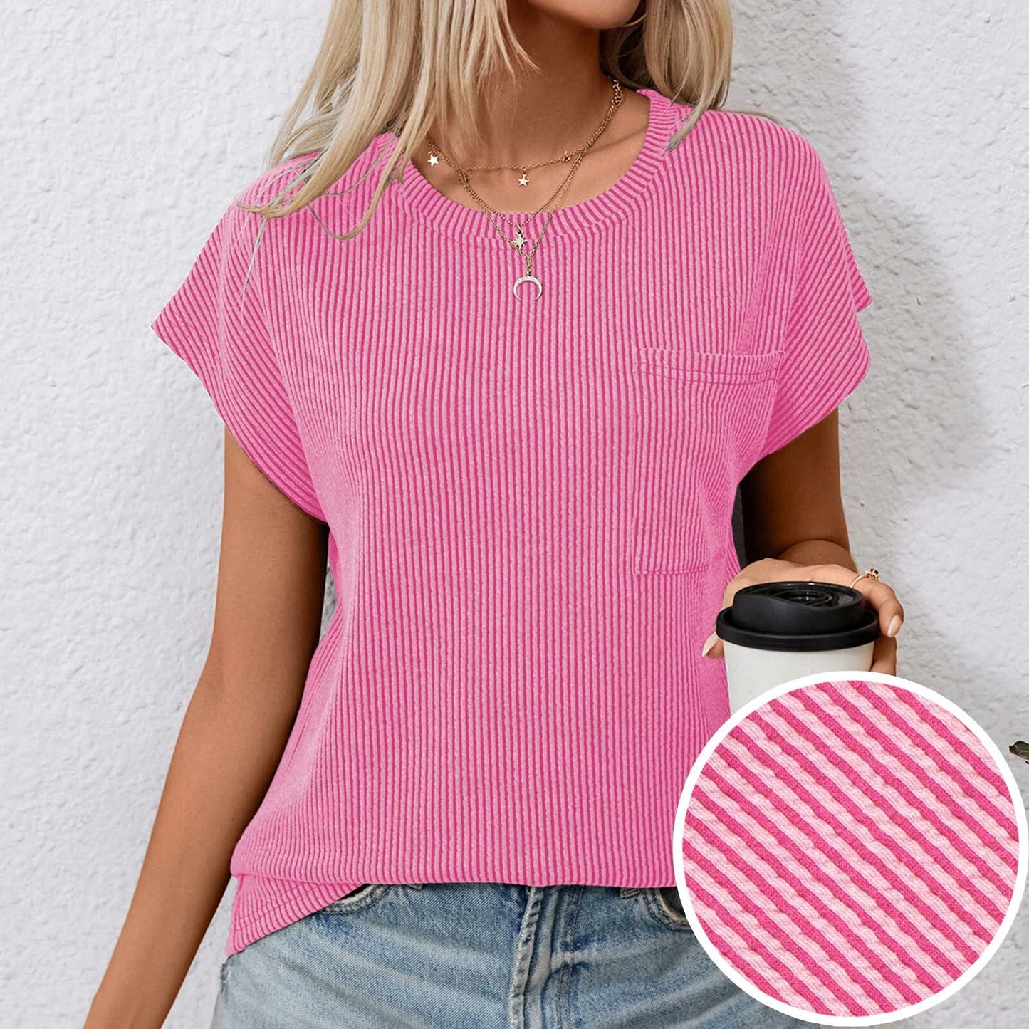 levaca Womens Ribbed Cap Sleeve Crewneck Tee Black Size L