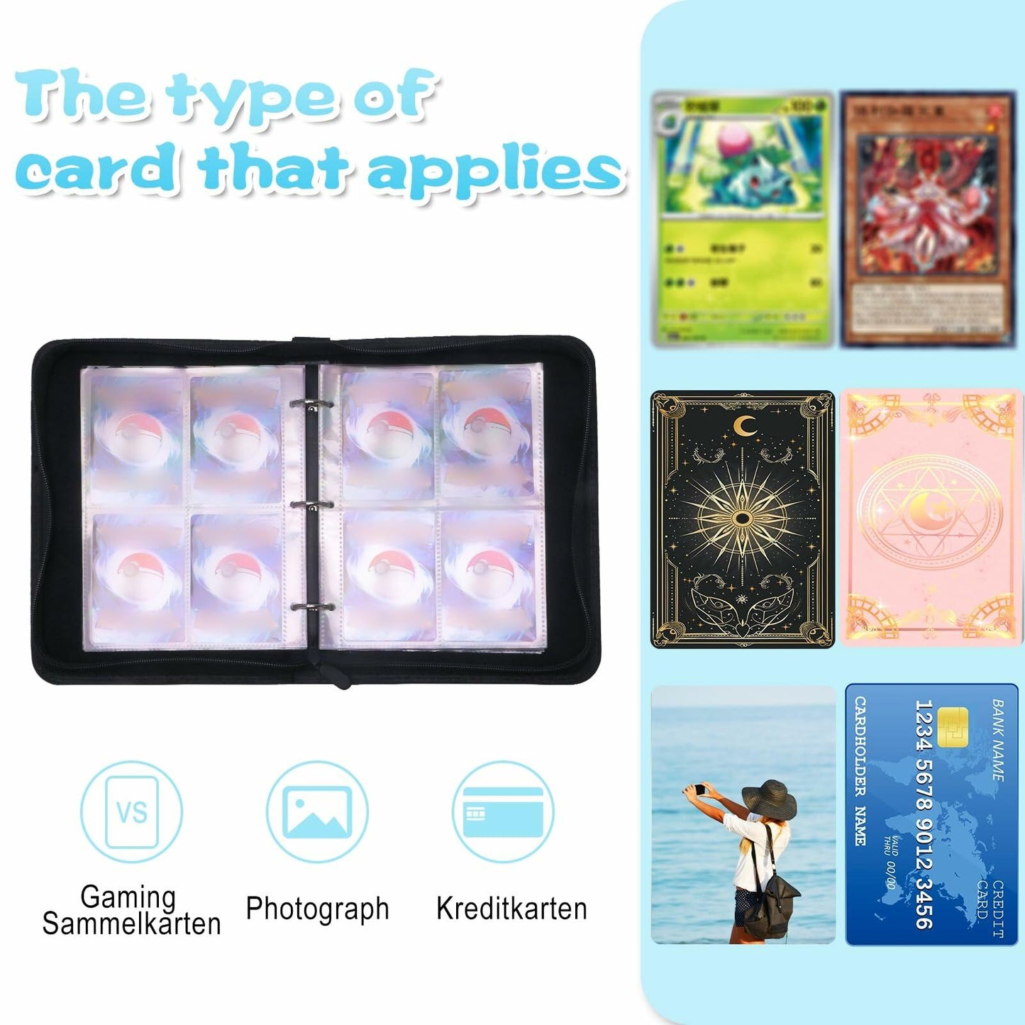 Pokemon Card Binder 400 Capacity 4-Pocket PU Leather Zip Album Balloon Cover